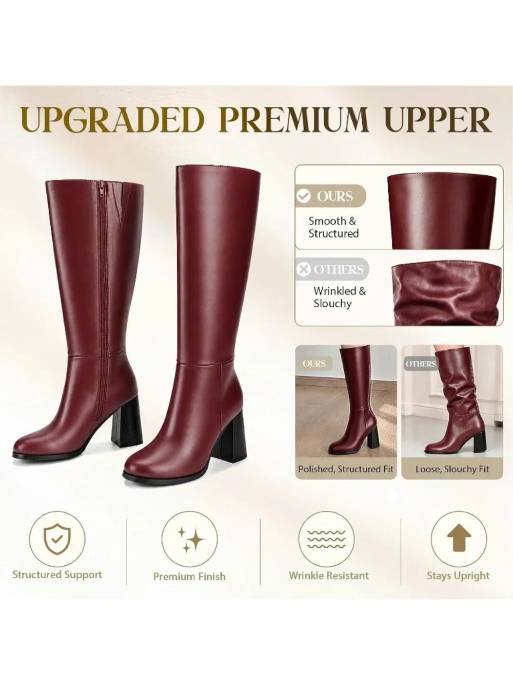 Women's Burgundy Round Toe 3.35 Inch Chunky Block Heel Slouchy Knee High Boots